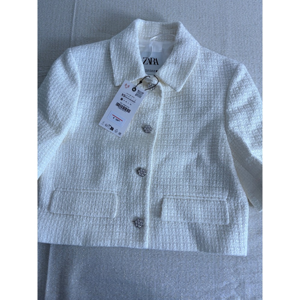 Zara Tweed Cropped Jacket XS‎ Cream White New Crystal Flower Button Short Sleeve - Picture 5 of 12